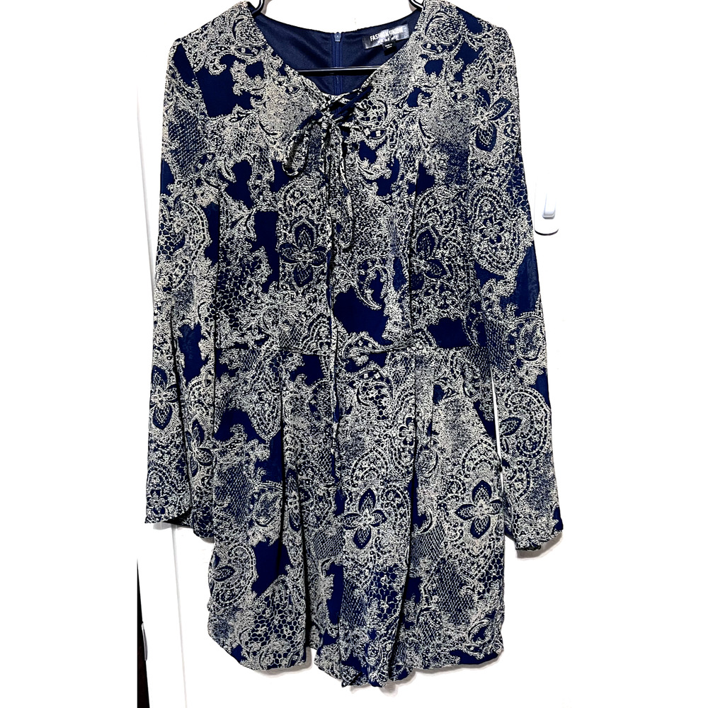 Fashion Union Womens Romper sz M navy lace up neck long sleeve pockets Paisley
